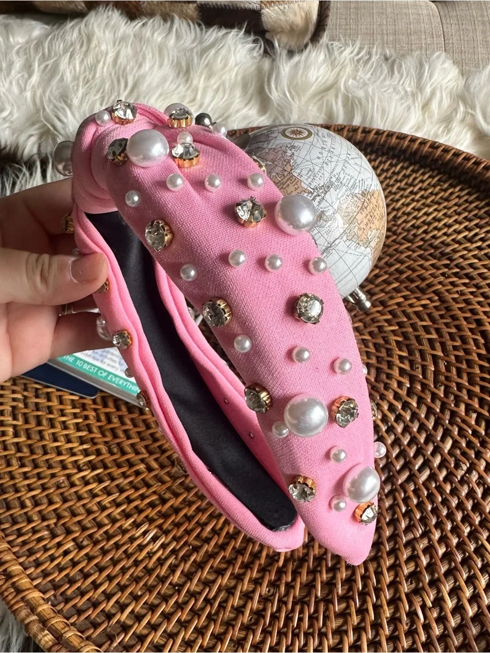 Embellished Knotted Pink Headband with Pearls and Rhinestones